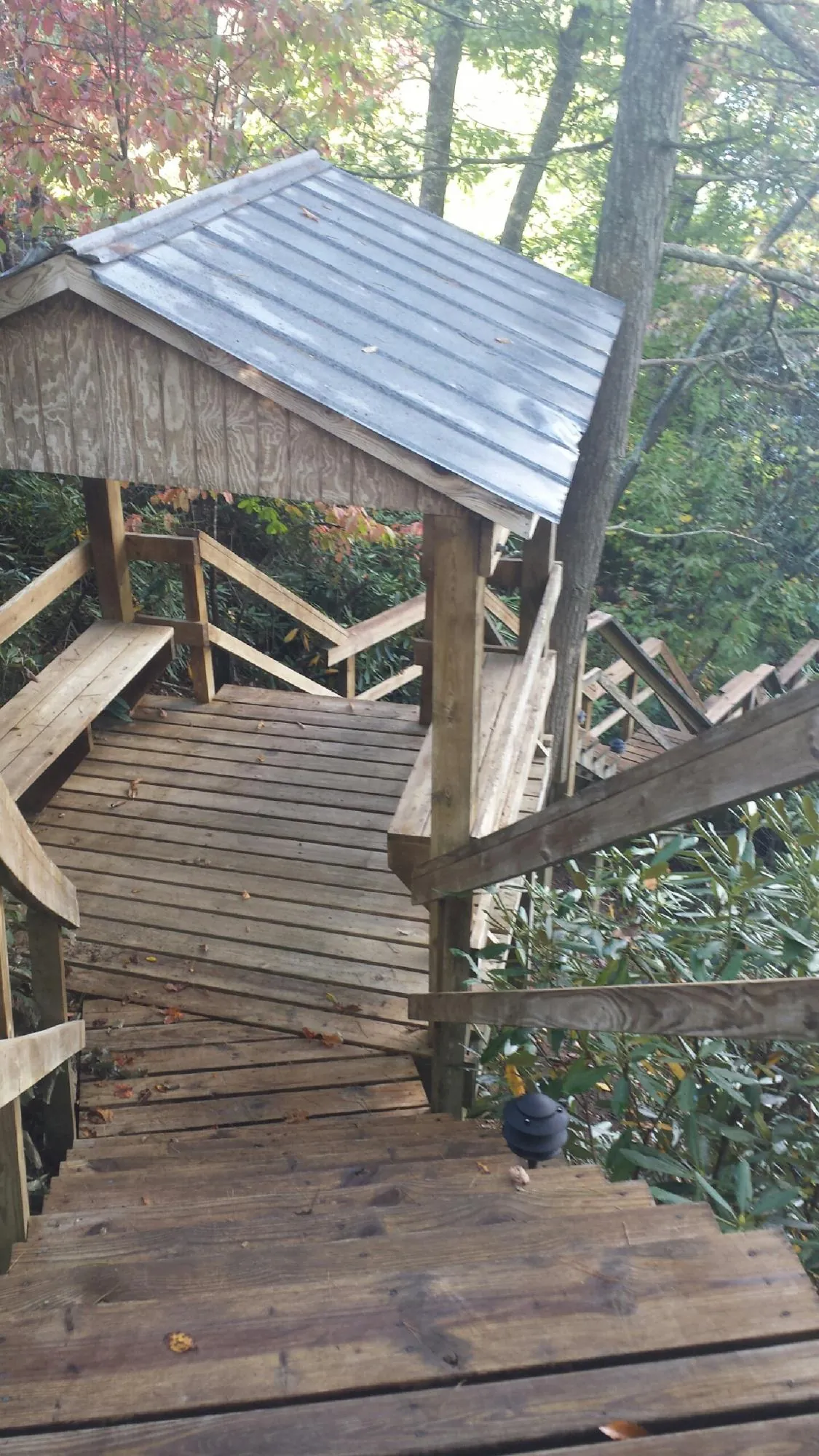 Metal roofed shelter over wooden steps on a wooded walkway — Skylight Repair & Installation work by our crew in Bruceton Mills